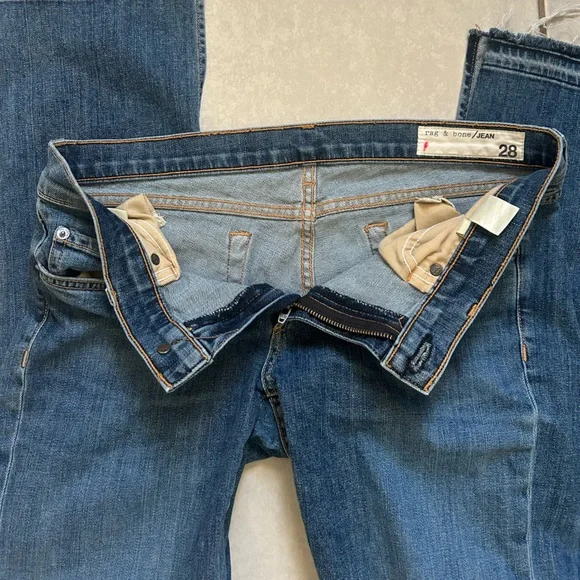 rag & bone Jeans Kick Pleat Flare Straight Leg Raw Hem Fray Bell Wide Vintage - Picture 9 of 11